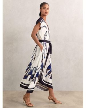 Reiss Scarf-Print V-Neck Belted Midi Dress - Natural