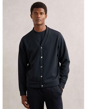 Reiss V-Neck Interlock Jersey Cardigan - Blue