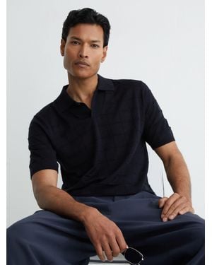 Reiss Check-Texture Short-Sleeve Polo Jumper With Wool - Blue