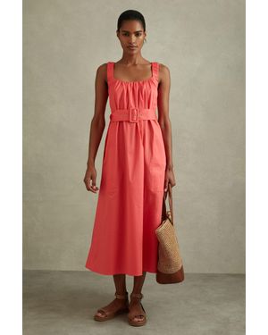 Reiss Cotton Ruched Strap Belted Midi Dress - Red