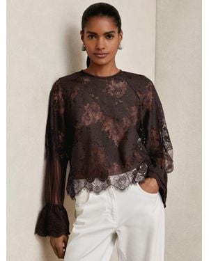 Reiss Lace Flared Cuff Blouse - Brown