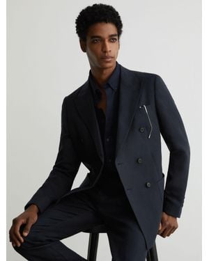 Reiss Tailored Fit Linen Double-Breasted Suit Blazer - Blue