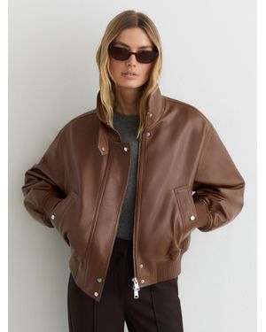 Reiss Cara - Chestnut Brown Leather Funnel-neck Bomber Jacket, Us 10