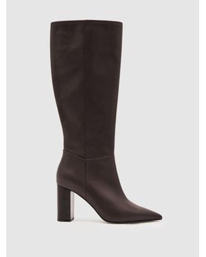 Reiss Bianca - Burgundy Leather Block-heel Knee-high Boots, Us 6 (uk 4) - Brown
