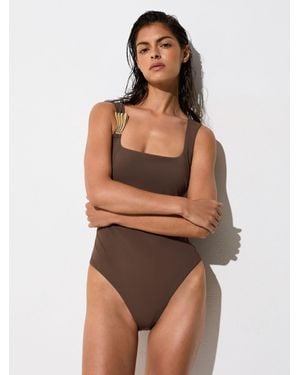 Reiss Hardware-Detail Square-Neck Swimsuit - Brown