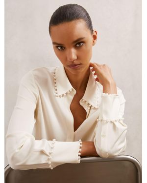 Reiss Satin Faux-Pearl Trim Shirt - Natural