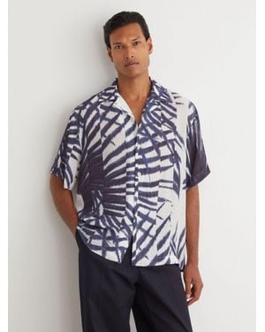 Reiss Shindora - Navy/white Plissé Printed Cuban-collar Shirt, L - Blue