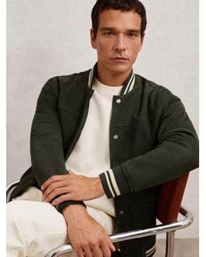 Reiss Suede Stripe-Trim Bomber Jacket - Black