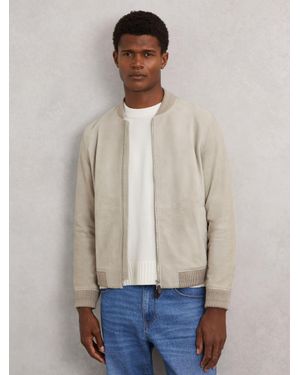 Reiss Burnham - Grey Suede Zip-through Bomber Jacket, Xxl - Natural