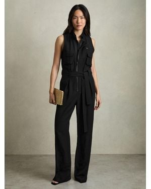Reiss Utility Zip Through Jumpsuit With Linen - Black