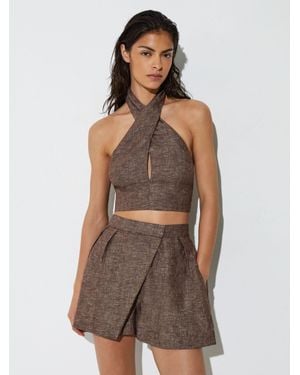 Reiss Linen Wrap-Front Halterneck Crop Top - Brown