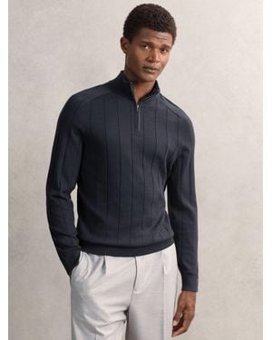 Reiss Merino Wool Wide-Rib Half-Zip Jumper - Blue
