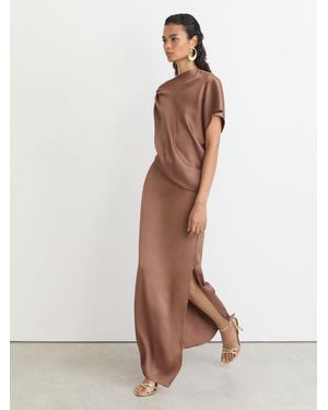 PAIGE Satin Asymmetric Draped Maxi Dress - Brown