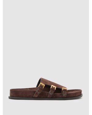 Reiss Lauren - Chocolate Suede Buckle-strap Slip-on Sandals, Us 8 (uk 6) - Brown