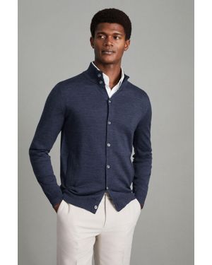 Reiss Harlow - Indigo Melange Merino Wool Button-through Funnel Neck Cardigan - Blue