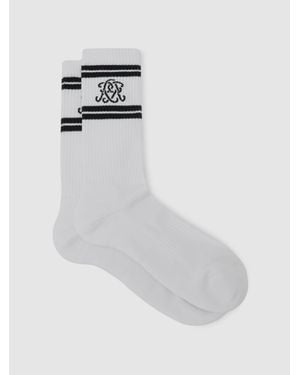 Reiss Monogram Cotton-Blend Ribbed Socks, S & M - White