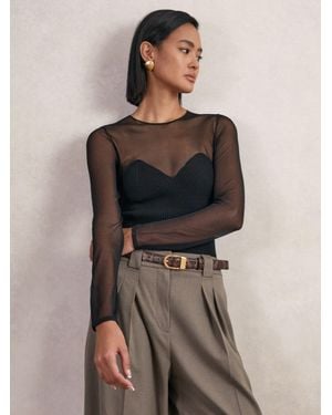 Reiss Mesh Knit Sweetheart Long-Sleeve Top - Brown