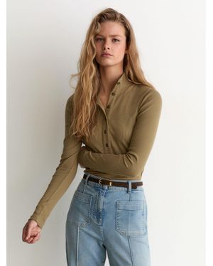 Reiss Ida - Khaki Green Cotton-stretch Funnel-neck Top, Xl (us 16-18) - Blue