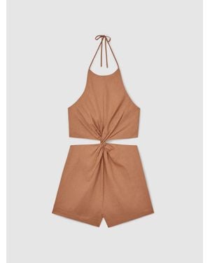 Reiss Linen Halterneck Cut Out Playsuit - Brown
