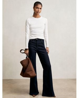 Reiss Tessa - White Cotton Long-sleeve Ruched T-shirt With Stretch, S (us 4-6)