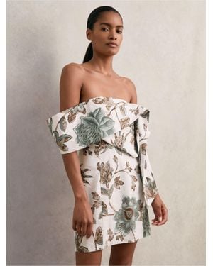 Reiss Sculpted Off-Shoulder Floral Mini Dress Linen-Cotton - Natural