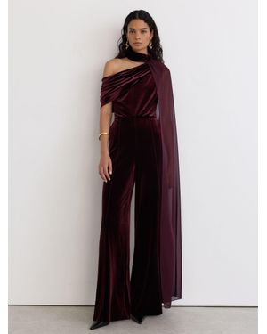 Reiss Petite Velvet Drape-Detail One-Shoulder Jumpsuit - Red