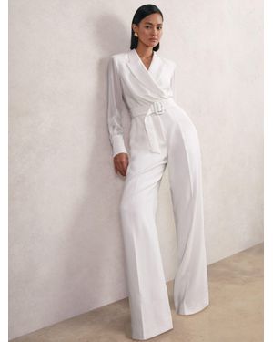 Reiss Sheer-Sleeve Wide-Leg Tuxedo Jumpsuit - Natural