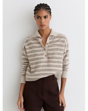 Reiss Neutral & Wool-Cashmere Stripe Buttoned Jumper - Natural