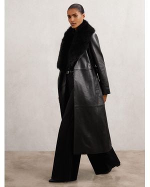 Reiss Estee - Black Leather Trench Coat With Shearling Collar, Us 8