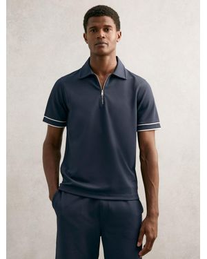 Reiss Zain - Airforce Blue Textured Half-zip Tipped Polo Shirt, L