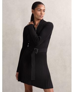 Reiss Vienna - Black Rib-knit Belted Half-zip Flippy Dress, S (us 4-6)