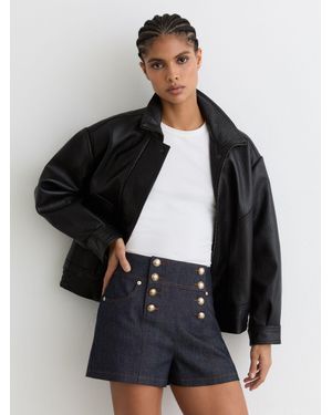 Reiss Button-Detail Denim Shorts - Black