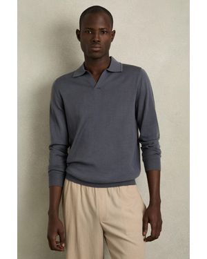 Reiss Milburn - Blackened Blue Merino Wool Open-collar Polo Shirt, S - Grey