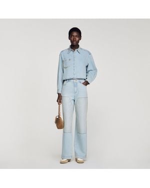 Sandro Rhinestone Cropped Denim Shirt - Blue