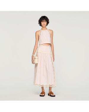 Sandro Long Cotton Skirt With Trim - Pink