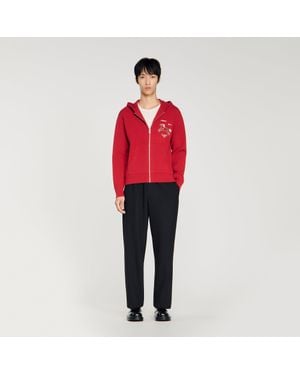 Sandro Animal Print Zip-Up Cardigan - Red
