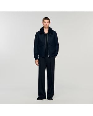 Sandro Wool Aviator Jacket With Shearling - Blue