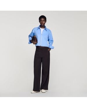 Sandro Cropped Logo Zip Cotton Shirt - Blue