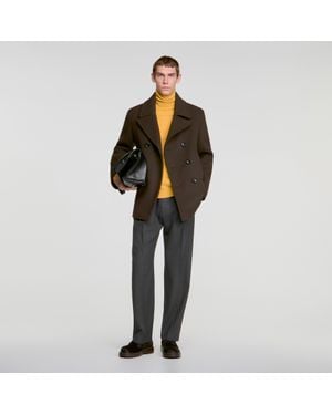 Sandro Double-Breasted Wool Pea Coat - Black