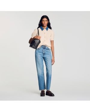 Sandro Cardigan With Denim Collar - Blue