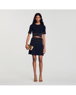 Sandro Cropped Knit Top With Tassels - Blue