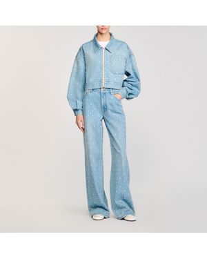 Sandro Beaded And Rhinestone Denim Jacket - Blue