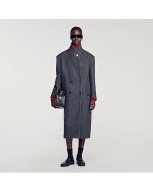 Sandro Herringbone Wool Coat - Blue