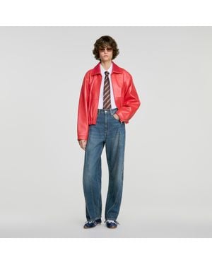 Sandro Wide-Leg Topstitched Panel Jeans - Red
