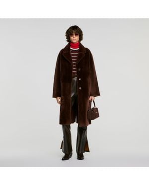 Sandro Belted Shearling Coat - Brown