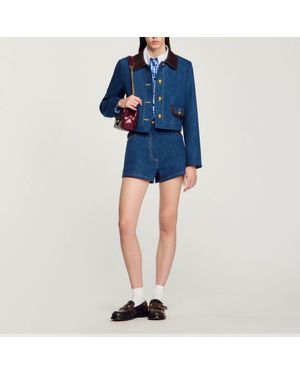 Sandro Denim Jacket With Leather Collar - Blue