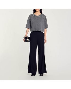 Sandro Rhinestone Cropped T-Shirt - Blue