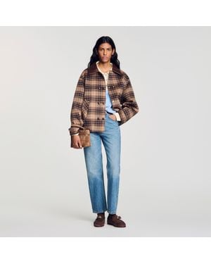 Sandro Check Jacket With Leather Collar - Blue