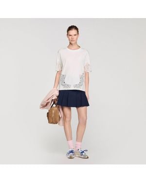 Sandro Cotton T-Shirt With Lace Detail - Blue