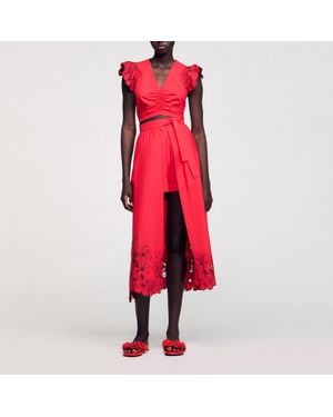 Sandro Crop Top With Embroidered Sleeves